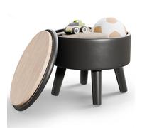 BRIAN & DANY Pouf Contenitore con Coperchio, Pouf Poggiapiedi con Gambe in Legno, Mini Sgabello Rotondo per Soggiorno, Ingresso, Camera, Ø 33x32 cm, Cuoio, Nero