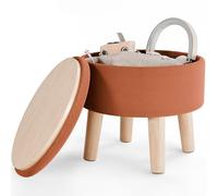 BRIAN & DANY Pouf Contenitore con Coperchio, Pouf Poggiapiedi con Gambe in Legno, Mini Sgabello Rotondo per Soggiorno, Ingresso, Camera, Ø 33x32 cm, Velluto, Arancione