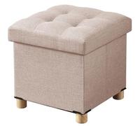BRIAN & DANY Pouf Contenitore con Gambe in Legno, Pouf Poggiapiedi in Lino, Cassapanca Cubico per Soggiorno, Camera da Letto, Beige, 38 x 38 x 38 cm
