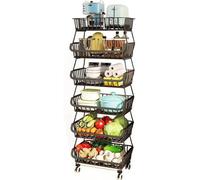 BRIAN & DANY Scaffale impilabile per verdure a 6 ripiani, con ruote con serratura e 5 ganci a S per cucina, dispensa, bagno, garage