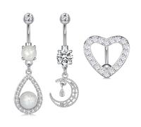 Briana Williams 3 pezzi Anelli per ombelico in acciaio inossidabile chirurgico 14G 10mm Cuore di luna con gioielli piercing di cristallo