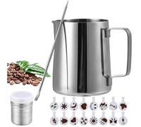 Bricco per Latte in Acciaio Inox 350ml Bricco Latte con Marchio di Misurazione - Spargicacao,16 Stencil e Penna per Cappuccino e Espresso per Cappuccino, Espresso, Latte Art