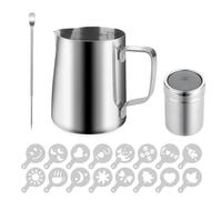 Bricco per Latte in Acciaio Inox, Bricco Latte con Segno di Misurazione, Latte Art Penna, Flacone di polvere per Cacao e 16 Stencil, Lattiera Mucca per Cappuccino, Latte, Adatto per Latte, Espresso