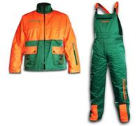 Bricoloco Giacca e Salopette pantaloni antitaglio Motosega 65% Poliestere e 35% Cotone con 12 Strati di Materiale Ritardante Taglio e Fodera 100% Poliestere., Verde / Arancione, L