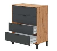 Bricozone Cassettiera 4 Cassetti Camera Da Letto Rovere e Nero Design Moderno Struttura In Melaminico 77.5 x 40 x 94 Cm Guide Scorrevoli Metalliche Gambe ABS