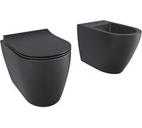 BRICOZONE Coppia Sanitari Filomuro Vaso WC Rimless Senza Brida E Bidet In Ceramica Filo Muro Filo Parete Design Moderno Con Copriwater Chiusura Soft Close Chiusura Rallentata (Nero opaco)