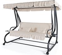 BRICOZONE Dondolo Reclinabile 3 Posti Con Cuscini Imbottiti Parasole Tettuccio Regolabile Diventa Letto Struttura Acciaio Robusto Giardino Esterno Balcone Terrazzo Piscina 200 x 120 x 160 cm Beige