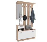 Bricozone Mobiletto Mobile da Ingresso con Scarpiera e Specchio Guardaroba con 6 Ganci Appendiabito Arredamento Sala Corridoio 97 x 35 x 25 cm (Bianco Quercia)