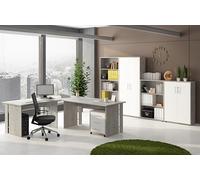 Bricozone Set Ufficio Moderno Completo In Cemento E Bianco Frassinato Con Scrivania Angolare Cassettiera Libreria E Armadi In Melaminico Antigraffio Arredo Professionale Per Home Office E Studi