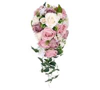Bridal Bouquets For Bride, Cascading Artificial Boho Rustic, Cascading Bridal Bouquet, Featuring Artificial Gray-pink Roses And Greenery, Waterfall Bridesmaid Wedding Bouquets For Ceremony Church