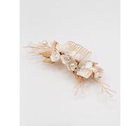 Bridal Hair Comb - Handmade Wedding Hairpiece with Pearl and Flowers - Flower Hair Accessory for Bride or Communion - Gift Box Option (oro, standard)