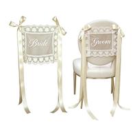 Bride Groom Chair Signs | 2 Piece Lace Chair Decor With Bowtie Ribbon