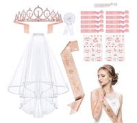 Bride to Be - Fascia e velo, 16 pezzi, decorazione per addio al celibato, accessori da donna con 10 braccialetti da sposa, 1 braccialetto da sposa, fascia, velo, distintivo, tiara, tatuaggio