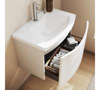 BRIDGE BENO Mobile da Bagno 60 cm con Lavabo in Minerale, Cassettone Bagno Sospeso Gran Tour Curvo con Cassetto, Design Minimalista e Compatto con Chiusura Morbida (Bianco Opaco)