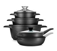 briebe Batteria da cucina a induzione, 10 pezzi, set di 3 pentole in alluminio pressofuso + 2 padelle, antiaderente ILAG GRANITEC senza PFOA, set di pentole coperchi vetro, guanti silicone, piano