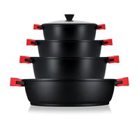 briebe Black Titanium - Batteria da cucina a induzione, 8 pezzi, antiaderente, in titanio, set di 4 pentole in alluminio pressofuso senza PFOA, set di pentole coperchi in vetro, manici in silicone