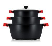 briebe Black Titanium Set Pentole Induzione 6 Pezzi Batteria da Cucina 3 Casseruole Alluminio Fuso, Antiaderente Titanio senza PFOA, Coperchi in Vetro, Manici in Silicone, Tutti i Fornelli, Forno
