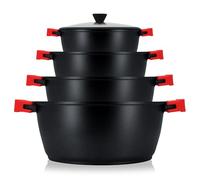 briebe Black Titanium Set Pentole Induzione 8 Pezzi Batteria da Cucina 4 Casseruole Alluminio Fuso, Antiaderente Titanio senza PFOA, Coperchi in Vetro, Manici in Silicone, Tutti i Fornelli, Forno
