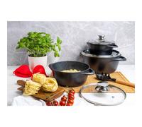 Batteria da Cucina Induzione Set Pentole 6 Pezzi Alluminio Fuso, Coperchi Vetro