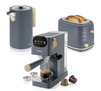 briebe Nordic Macchina Caffè Espresso 20 Bar per Capsule e Caffè Macinato + Bollitore Elettrico 1,7L Cordless, 2200 W + Tostapane a Fessura Larga a 2 Fette Set Colazione Design Nordique (Grigio)