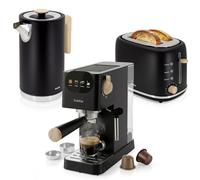 briebe Nordic Macchina Caffè Espresso 20 Bar per Capsule e Caffè Macinato + Bollitore Elettrico 1,7L Cordless, 2200 W + Tostapane a Fessura Larga a 2 Fette Set Colazione Design Nordique (Nero)