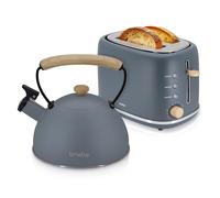 briebe Nordic Tostapane a Fessura Larga a 2 Fette, 6 Livelli di Tostatura, Pinze + Bollitore Induzione a Fischio 2,3 L, Acciaio Inossidabile, Senza BPA, Set Colazione Design Nordique Grigio