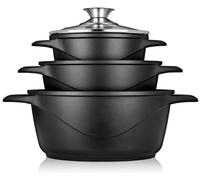 briebe Set Pentole Induzione Batteria 6 Pezzi, 3 Casseruola, Alluminio Pressofuso, Antiaderente ILAG GRANITEC senza PFOA, Coperchi in Vetro, Guanti in Silicone, Vetroceramica, Gas, Forno, MGK-18