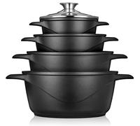 briebe Set Pentole Induzione Batteria 8 Pezzi, 4 Casseruola, Alluminio Pressofuso, Antiaderente senza PFOA, Coperchi in Vetro, Guanti in Silicone, Vetroceramica, Gas, Forno, MGK-12