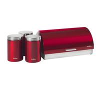 briebe Set Portapane da Tavolo + Set di 3 Barattoli da Cucina in Acciaio Inox, Contenitore per Conservare Pane, Coperchio Scorrevole, Bread Box, Rosso/Inox