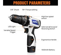 BRIEFNESS Mini Kit trapano a batteria Cacciavite elettrico 12V Luce LED 45N.m Coppia elevata Mandrino da 3/8 pollici 18 + 1 Impostazione