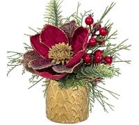 Briful - Pianta artificiale per decorazione natalizia, magnolie artificiali, composizione natalizia in vaso di ceramica con rami di pino, sfere, bacche e pigne di pino, pianta decorativa per interni