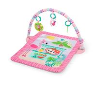Bright Starts, Palestrina multiattività e tappetino per gioco a pancia in giù Pink Palms Tiki Toy Bar, con barra dei giocattoli e 3 giocattoli, 0 mesi-3 anni
