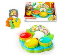 Bright Starts Safari Sounds - Set di 2 Giocattoli per Bambini da Viaggio, Tamburo Musicale e Chiavi Auto con Rumore, Design Unisex Giungla dai 3 ai 6 Mesi in su