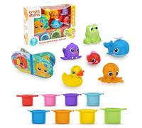 Bright Starts Splash, Set da bagno per bambini 15 pezzi - Libro impermeabile, paperella di gomma, giocattoli animali e tazze impilabili, Unisex, 6 mesi+