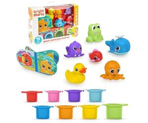 Bright Starts Splash, Set da bagno per bambini 15 pezzi - Libro impermeabile, paperella di gomma, giocattoli animali e tazze impilabili, Unisex, 6 mesi+