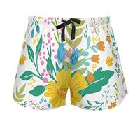 Bright Yellow Flowers Leaves Scandinavian Pajama Bottoms for Women, Elastic Waist Drawstring Lounge Shorts Yoga,XL