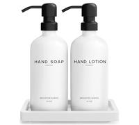 Brighter Barns Set di dispenser per sapone e lozioni in vetro bianco con vassoio, pompa in acciaio inox, per casa o per le vacanze, accessori e decorazioni per il bagno