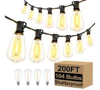 Brightever Outdoor String Lights 200FT Waterproof, Patio String Lights for Outside with 100+4 ST38 Shatterproof LED Filament Bulbs, Dimmable Hanging Lights for Christmas, Party, Cafe (2-Pack 100FT)