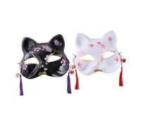 BRIGHTFUFU Maschere Halloween Cosplay Giapponesi 2 Pezzi Maschera Dipinta a Mano Viso Gatto Bianco e Nero Decorazioni Floreali Festa Carnevale Capodanno
