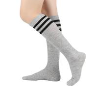 BrightGlow Calze al ginocchio da donna, calze sopra il ginocchio, calze alte a righe retrò, calze lunghe per coscia, calze alte a righe, calze sportive da donna, taglia unica, grigio chiaro, Taglia