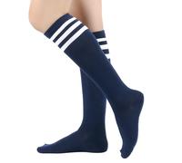 BrightGlow Calze al ginocchio da donna, calze sopra il ginocchio, calze alte retrò a strisce, calze lunghe sulle cosce, calze a righe, calze sportive da donna, taglia unica, Blu mare, Taglia unica