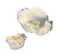 BrightGlow Cappello di paglia e mini borsa set da bambina cappello di paglia con fiocco e perline dolce pizzo cappello da spiaggia a tesa larga alla moda parasole borsa da spiaggia per bambini,