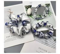 BrightGlow Set di 3 elastici per capelli da donna, in 100% pura seta di gelso, con fiori, elastici per capelli, per coda di cavallo, accessori per capelli, blu