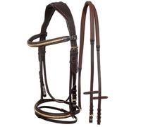 Briglia inglese in cuoio con clincher color ottone e redini in gomma Supreme