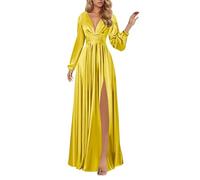 BRIGOW Abito da donna a maniche lunghe da damigella d'onore in raso profondo scollo a V lungo formale abito da cocktail con spacco BY048, Oro, 46