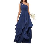 BRIGOW Una spalla chiffon damigella d'onore abito a più livelli Increspature Maxi A-line Impero Vita Flowy Formale Elegante Abito da Sera BY041, blu navy, 62
