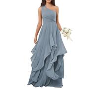 BRIGOW Una spalla chiffon damigella d'onore abito a più livelli Increspature Maxi A-line Impero Vita Flowy Formale Elegante Abito da Sera BY041, Blu polvere., 50
