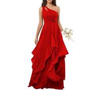 BRIGOW Una spalla chiffon damigella d'onore abito a più livelli Increspature Maxi A-line Impero Vita Flowy Formale Elegante Abito da Sera BY041, Rosso, 50