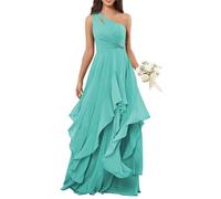 BRIGOW Una spalla chiffon damigella d'onore abito a più livelli Increspature Maxi A-line Impero Vita Flowy Formale Elegante Abito da Sera BY041, Turchese, 40