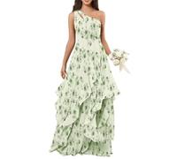 BRIGOW Una spalla chiffon damigella d'onore abito a più livelli Increspature Maxi A-line Impero Vita Flowy Formale Elegante Abito da Sera BY041, Z Floreale Verde Salvia B, 50